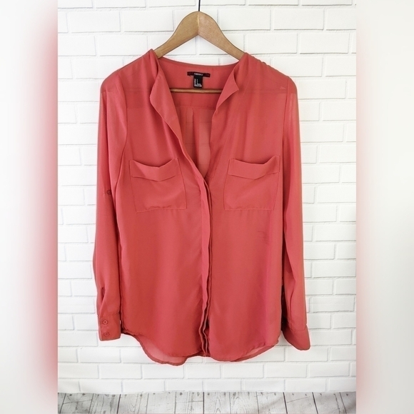Forever 21 Watermelon /Orange Sheer Button Down Womens Small - Picture 1 of 9